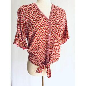 max studio floral geometric print front tie blouse size extra small XS